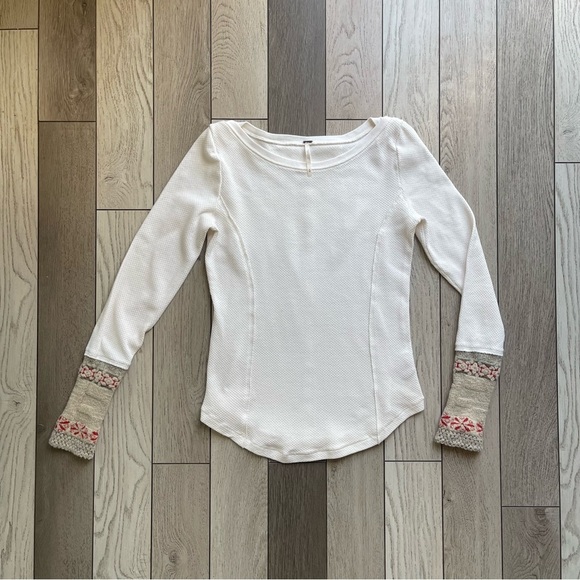 Free People Women's Cream Long Sleeve Top with Patterned Cuffs - Picture 1 of 4